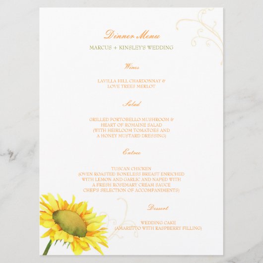 Menu Mariage campagnard de tournesol d'aquarelle (Devant)