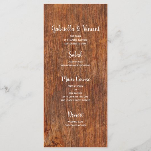 Menu Mariage campagnard en bois de la grange pourp (Dos)