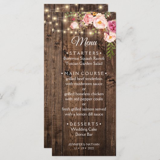 Menu Mariage campagnard Floral Boho rustique (Devant / Derrière)