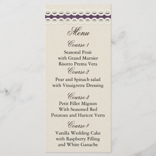 Menu MARIAGE CAMPAGNARD pourpre pour burlap et dentelle (Devant)