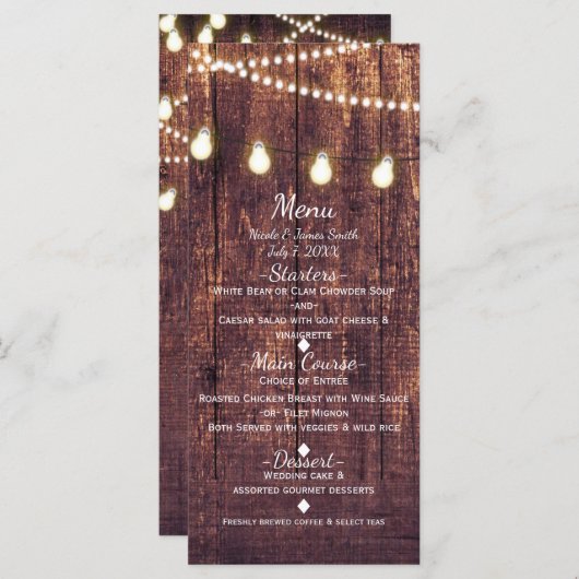 Menu Mariage campagnard Rustic Wood & String Light (Devant / Derrière)