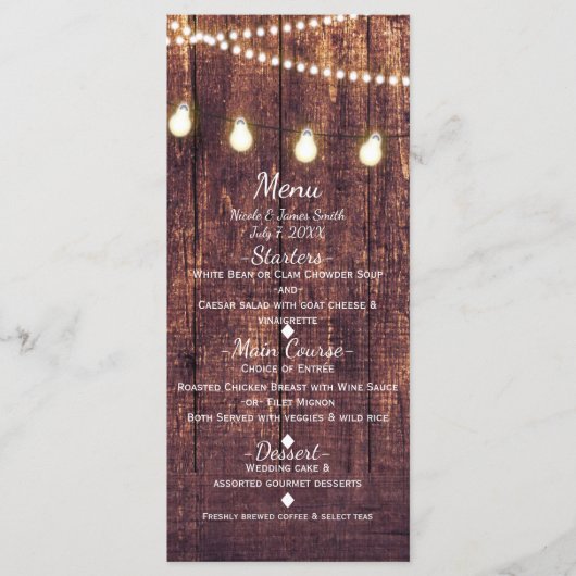 Menu Mariage campagnard Rustic Wood & String Light (Devant)