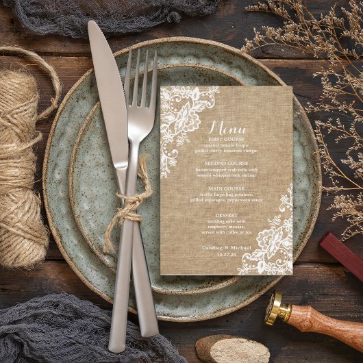 Menu Mariage campagnard Rustique Burlap Et Dentelle