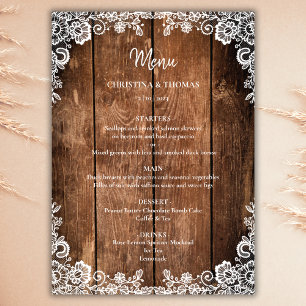Menu Mariage campagnard rustique en bois et dentelle