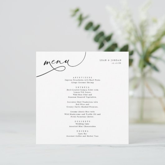 Menu Mariage Carré de typographie élégant (Debout devant)