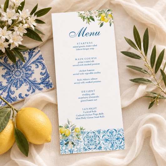Menu Mariage Carreau Bleu Citron Méditerranéen