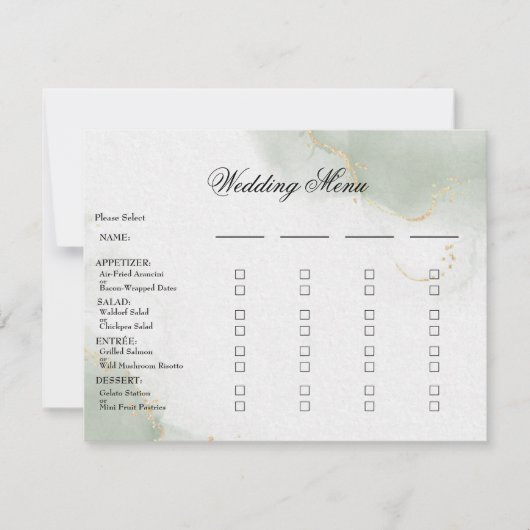 Menu mariage Carte de repas Gold Muted Sage Green (Devant)