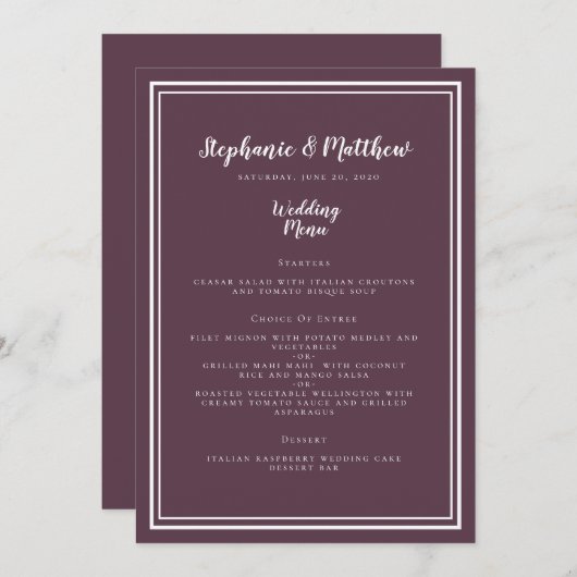 Menu Mariage Cassis Violet Simple Cadre Chic (Devant / Derrière)