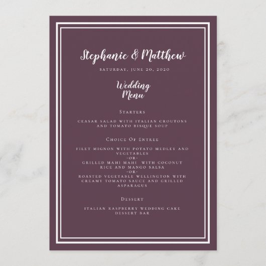 Menu Mariage Cassis Violet Simple Cadre Chic (Devant)