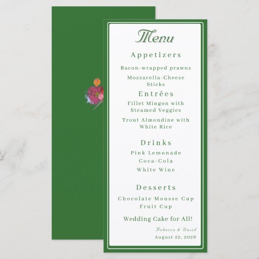 Menu Mariage Catholique Deux Cœurs Vert Forêt (Devant / Derrière)