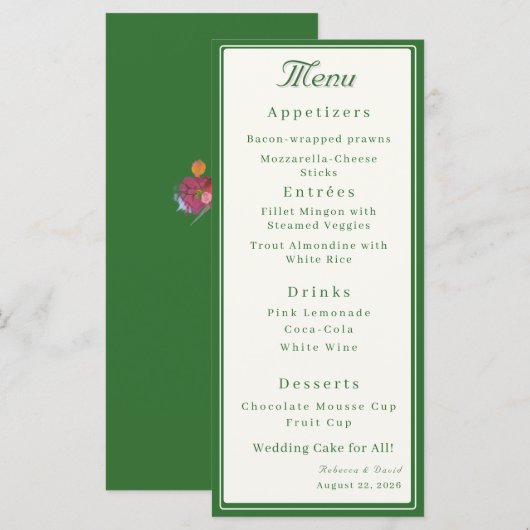 Menu Mariage catholique Forest Green Deux coeurs (Devant / Derrière)