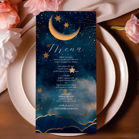 Menu Mariage céleste de minuit bleu étoiles de lune