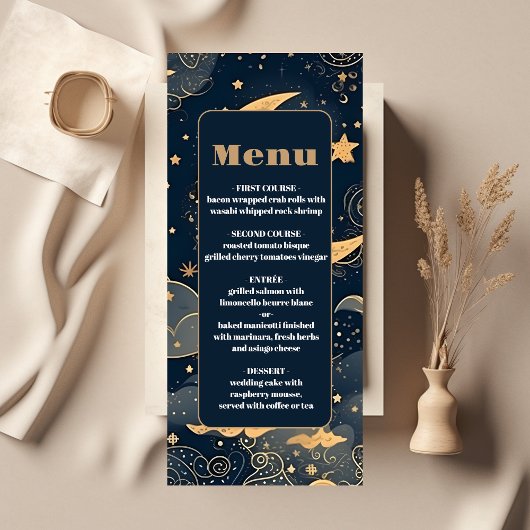 Menu Mariage céleste d'or bleu de minuit