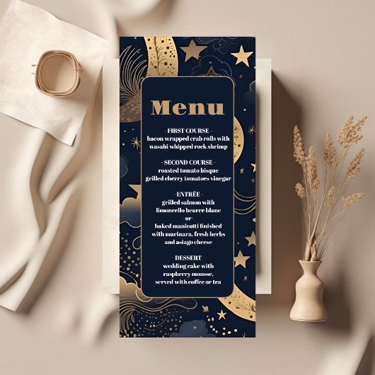 Menu Mariage céleste d'or bleu de minuit