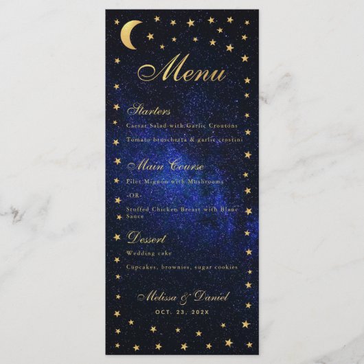 Menu Mariage céleste - Elégant Blue Gold Stars (Devant)