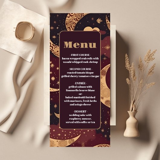 Menu Mariage céleste élégant bordeaux or