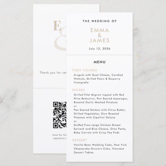 Menu Mariage Champagne Ampersand | Code QR | Élégant (Devant / Derrière)