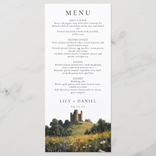 Menu Mariage Château Floral Fleurs Aquarelle (Devant)