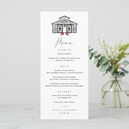 Menu Mariage chic Barn avec Cocktail code QR (Debout devant)