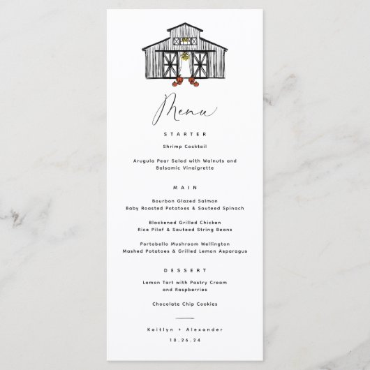 Menu Mariage chic Barn avec Cocktail code QR (Devant)