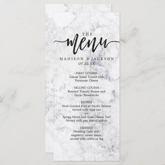 Menu Mariage chic blanc et gris marbre (Devant / Derrière)