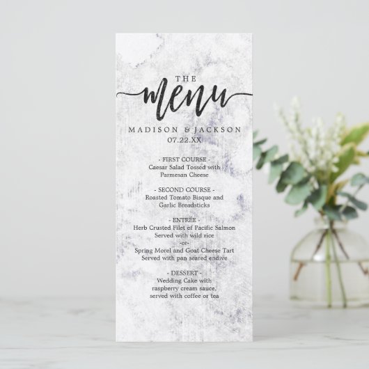 Menu Mariage chic blanc et gris marbre (Debout devant)