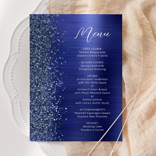 Menu Mariage chic en écriture scintillante bleu marine