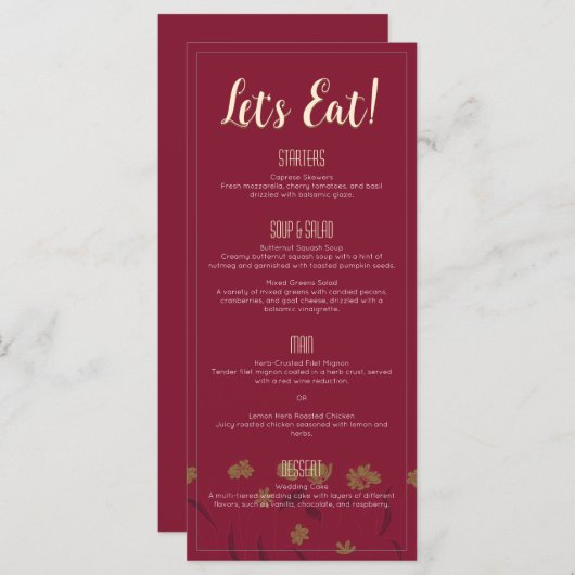 Menu Mariage Chic Moderne Élégant Simple Vin Rouge (Devant / Derrière)