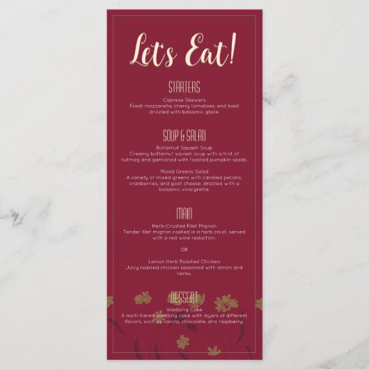 Menu Mariage Chic Moderne Élégant Simple Vin Rouge (Devant)