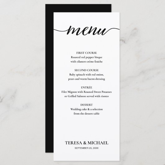 Menu Mariage chic noir et blanc simple modifiable (Devant / Derrière)