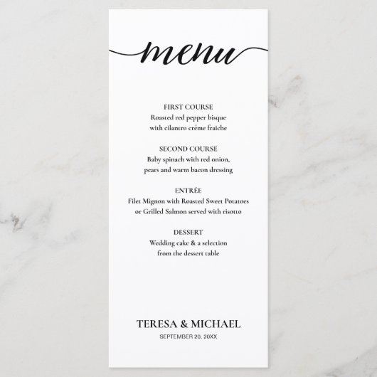 Menu Mariage chic noir et blanc simple modifiable (Devant)