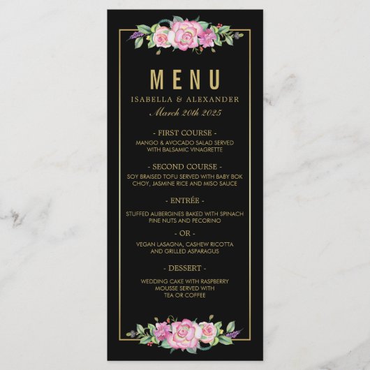 Menu Mariage Chic Roses Roses Roses et Grilles Noires O (Devant)