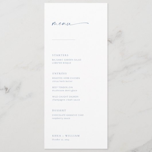Menu Mariage Chic + Simple Script Moderne | Bleu (Devant)