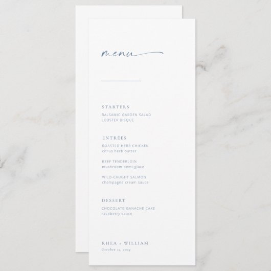 Menu Mariage Chic + Simple Script Moderne | Bleu (Devant / Derrière)