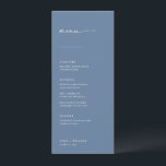 Menu Mariage Chic   Simple Script Moderne | Bleu<br><div class="desc">Ces menus simples et modernes complètent parfaitement les lieux de la réception ! L'en-tête manuscrit associé aux polices serif et sans-serif donne à ces menus un aspect classique et propre. Personnalisez les menus avec les éléments du menu mariage et le nom du couple et la date du mariage en bas....</div>