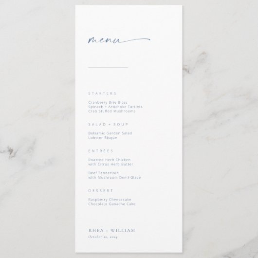 Menu Mariage Chic + Simple Script Moderne | Bleu (Devant)