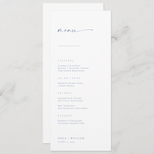 Menu Mariage Chic + Simple Script Moderne | Bleu (Devant / Derrière)