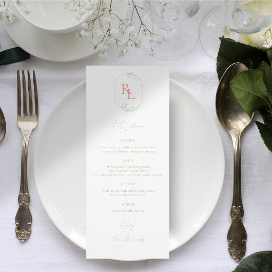 Menu Mariage Chic Vert & Blanc Floral Monogram