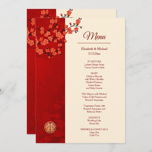 Menu MARIAGE chinois BILINGUE Red Cherry Blossom (Devant / Derrière)