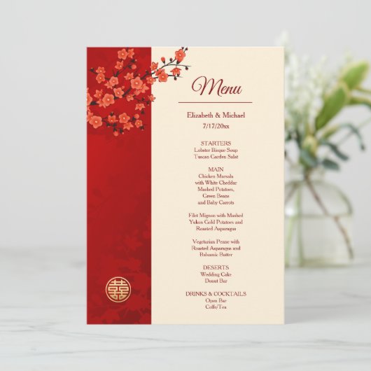 Menu MARIAGE chinois BILINGUE Red Cherry Blossom (Debout devant)