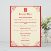 Menu Mariage chinois cadre fleuri rouge beige oriental (Debout devant)