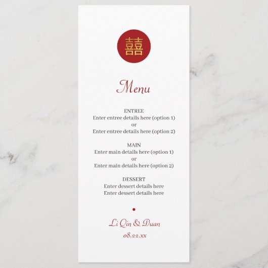 Menu Mariage chinois Double Bonheur Rouge Or (Devant)