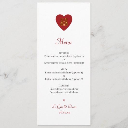 Menu Mariage chinois Double Bonheur Rouge Or (Devant)