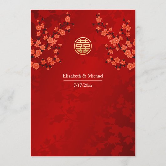 Menu Mariage chinois en fleurs de cerisiers rouges (Dos)