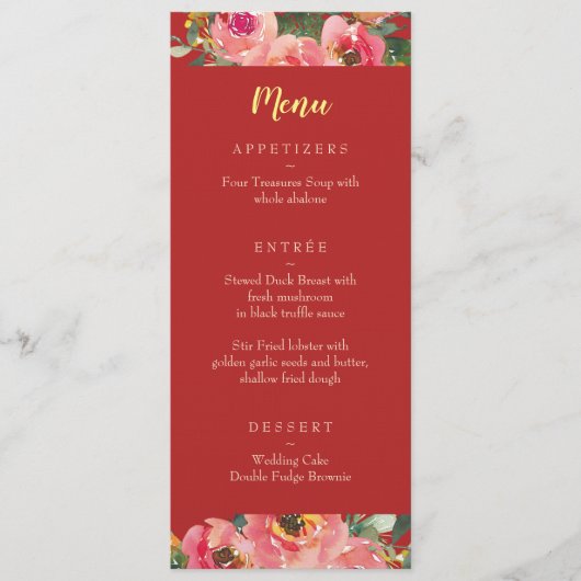 Menu Mariage chinois fond rouge floral rose (Devant)