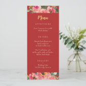 Menu Mariage chinois fond rouge floral rose (Debout devant)