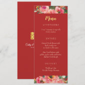 Menu Mariage chinois fond rouge floral rose (Devant / Derrière)