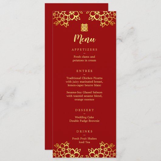 Menu Mariage chinois moderne à fleurs rouges (Devant / Derrière)