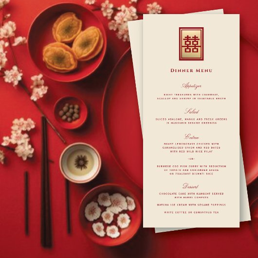 Menu Mariage chinois rectangle double bonheur or