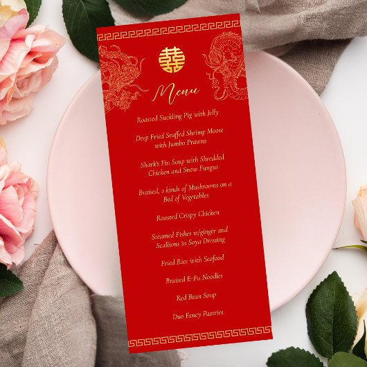 Menu Mariage chinois rouge dragon phénix banquet